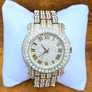 Techno Pave Gold Tone Crystal Watch New Battery